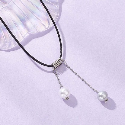 Круглая подвеска с кисточкой из искусственного жемчуга из АБС-пластика, шнур из черного вощеного полиэстера, ожерелье для женщин, с латунными концевыми цепями, белые