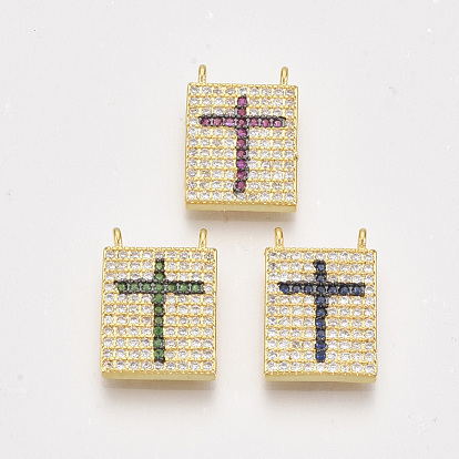 Brass Micro Pave Cubic Zirconia Pendants, Rectangle with Cross, Golden