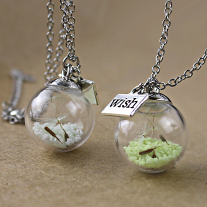 Luminous Glow in the Dark Glass Wish Bottle Pendant Necklace, with Alloy Chains