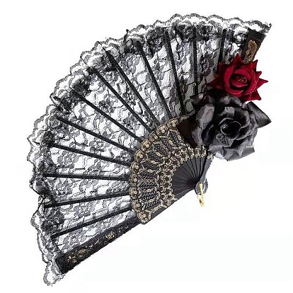 Abanicos plegables vintage de encaje de plástico, con la rosa, accesorio de cosplay de comic con de halloween