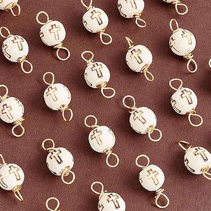 30Pcs Unfinished Wooden Connector Charms, Round with Laser Cut Cross Pattern, with Golden Tone Copper Wire Loops
