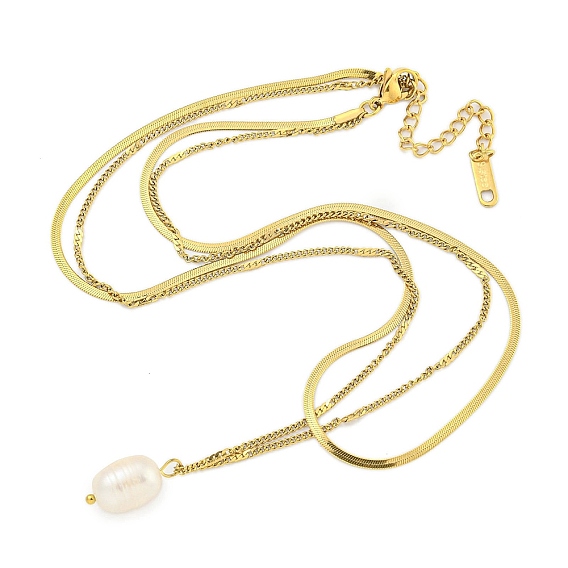 Ионное покрытие (IP) 304 двухслойные ожерелья из нержавеющей стали, ожерелья с подвеской в виде картофеля из натурального пресноводного жемчуга и цепочки-елочки