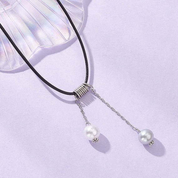 Круглая подвеска с кисточкой из искусственного жемчуга из АБС-пластика, шнур из черного вощеного полиэстера, ожерелье для женщин, с латунными концевыми цепями, белые