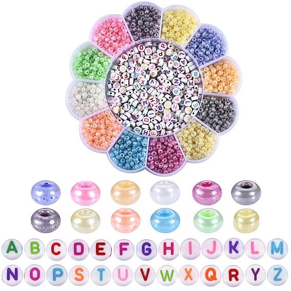 216g 12 Farben rundes Glas Rocailles, 40g flach rund mit Buchstaben-Acrylperlen und 2 rollt elastischen Stretchfaden, für DIY-Stretch-Armbänder, die Kits herstellen