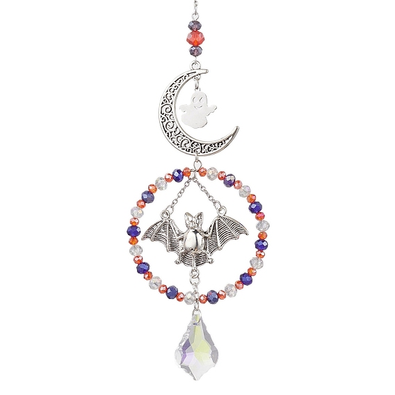 Halloween Ghost Bat Moon Alloy Hanging Ornaments, Ring Glass Beaded & Leaf Tassel for Home Garden Decorations