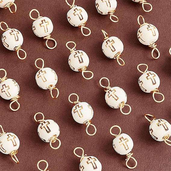 30Pcs Unfinished Wooden Connector Charms, Round with Laser Cut Cross Pattern, with Golden Tone Copper Wire Loops