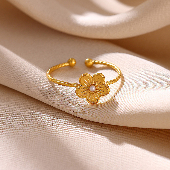 304 Stainless Steel Cuff Open Rings, with Plastic Pearl, Flower