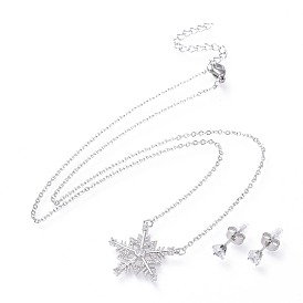 304 Stainless Steel Jewelry Sets, Brass Micro Pave Cubic Zirconia Pendant Necklaces and 304 Stainless Steel Stud Earrings, with Ear Nuts/Earring Back, Christmas Snowflake, Clear