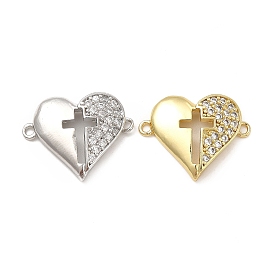 Brass Micro Pave Clear Cubic Zirconia Connector Charms, Heart Links with Cross