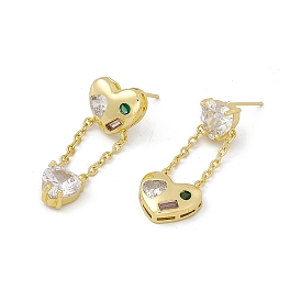 Colorful Cubic Zirconia Heart Tassel Dangle Stud Earrings, Rack Plating Brass Asymmetrical Earrings for Women, Cadmium Free & Lead Free