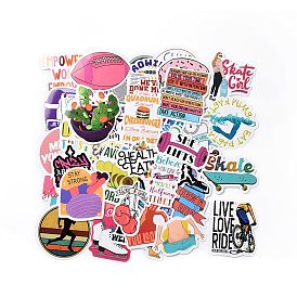 50Pcs Inspirational Health Theme Cartoon English Word Paper Sticker Label Set, Adhesive Label Stickers, for Suitcase & Skateboard & Refigerator Decor