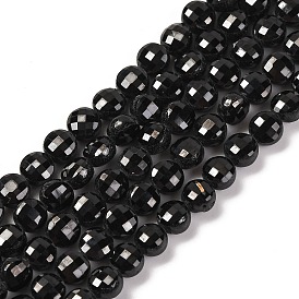 Natural Black Spinel Beads Strands, Faceted, Flat Round