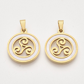 201 Stainless Steel Pendants, with Shell and Random Size Snap on Bails, Flat Round with Triskele/Triskelion