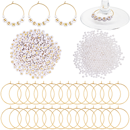 Наборы для изготовления подвесок для бокалов своими руками, включает покрытие акриловыми бусинами, пластиковые жемчужные бисера, латунные серьги обруча, плоский круглый с буквой и кругом