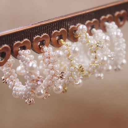 Imitation Pearl & Seed Beads Copper Wire Wrapped Half Hoop Stud Earrings for Women