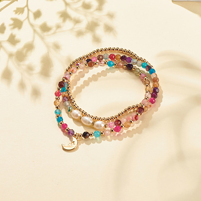 3Pcs Natural Agate & Pearl Beaded Stretch Bracelets Set, Brass Moon Charm Bracelets for Women
