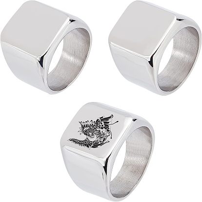 3Pcs 3 Size 304 Stainless Steel Rectangle Signet Finger Rings, Chunky Wide Rings for Men Women