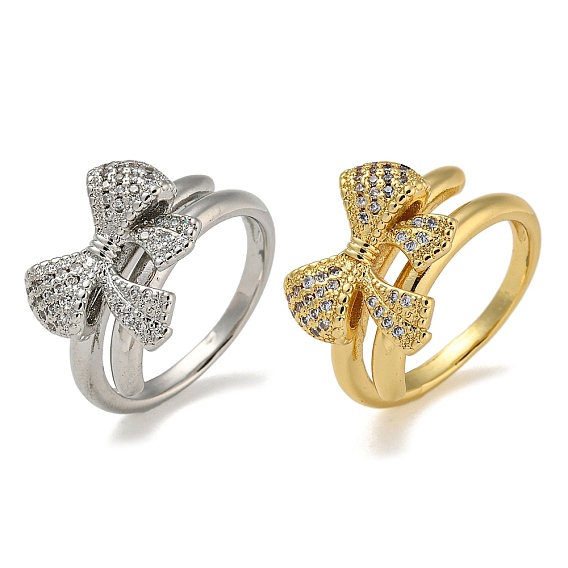 Двойные кольца из латуни с бантом и микро-паве с прозрачным фианитом, для женщин