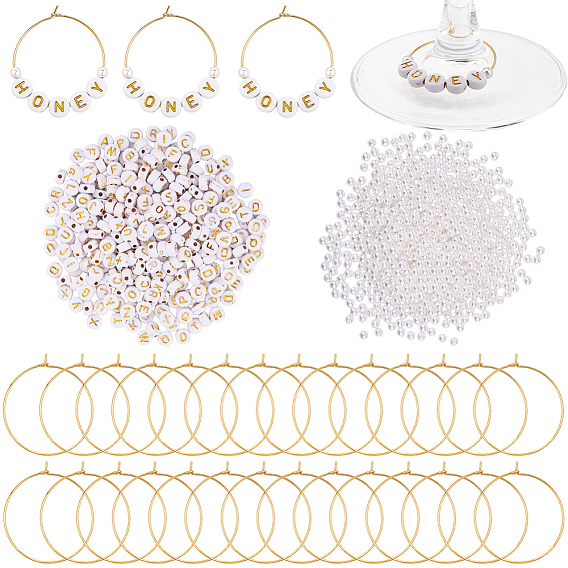 Наборы для изготовления подвесок для бокалов своими руками, включает покрытие акриловыми бусинами, пластиковые жемчужные бисера, латунные серьги обруча, плоский круглый с буквой и кругом