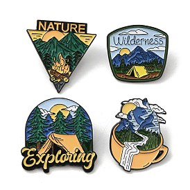 Outdoor Camping Theme Enamel Pins, Black Alloy Badge for Backpack Clothes, Mountain/Tableware/Arrow