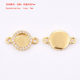 Brass Micro Pave Cubic Zirconia Cabochon Connector Settings, Long-Lasting Plated, Flat Round
