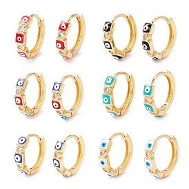 Square with Evil Eye Enamel Huggie Hoop Earrings for Women, Real 18K Gold Plated Cubic Zirconia Small Hoop Earrings