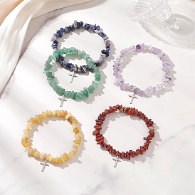 Натуральный драгоценный камень бисера браслеты стрейч браслеты, браслеты с подвесками из нержавеющей стали в виде креста для женщин