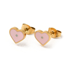 Ion Plating(IP) 304 Stainless Steel Stud Earrings with Pink Enamel, Heart Shape