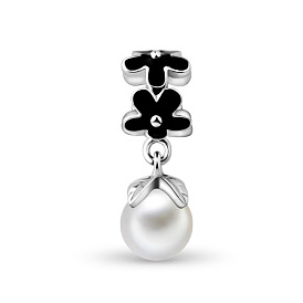 TINYSAND 925 Sterling Silver Wildflower Pearl Dangle Charm European Dangle Charms, 18.41x6.35x7.76mm, Hole: 4.86mm