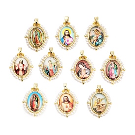 Rack Plating Brass Enamel Pendants, with Plastic Imitation Pearl, Long-Lasting Plated, Cadmium Free & Lead Free, Real 18K Gold Plated, Oval with Virgin Mary Charm