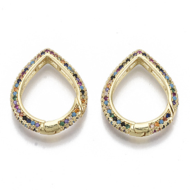 Brass Micro Pave Cubic Zirconia Spring Gate Rings, Nickel Free, Teardrop, Real 16K Gold Plated