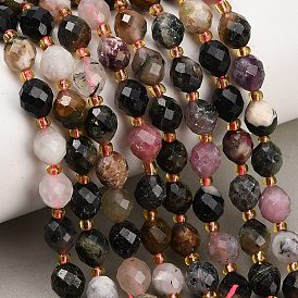 Natural Multicolor Tourmaline Beads Strands, Round, Faceted, with Seed Beads