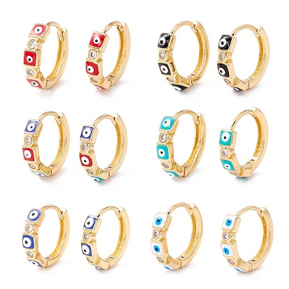 Square with Evil Eye Enamel Huggie Hoop Earrings for Women, Real 18K Gold Plated Cubic Zirconia Small Hoop Earrings