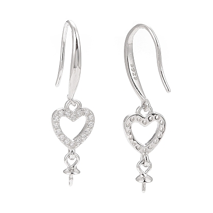 925 Sterling Silver Earring Hooks, with Clear Cubic Zirconia, Heart, for Half Drilled Beads