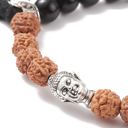 Mala Beads Bracelet, Natural Rudraksha & Natural Obsidian & Alloy Buddha Head Stretch Bracelet, Ohm/Aum & Tassel Charm Bracelet for Women