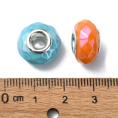 Opaque Acrylic European Beads, with Stainless Steel Core, Large Hole Beads, AB Color, Faceted, Flat Round