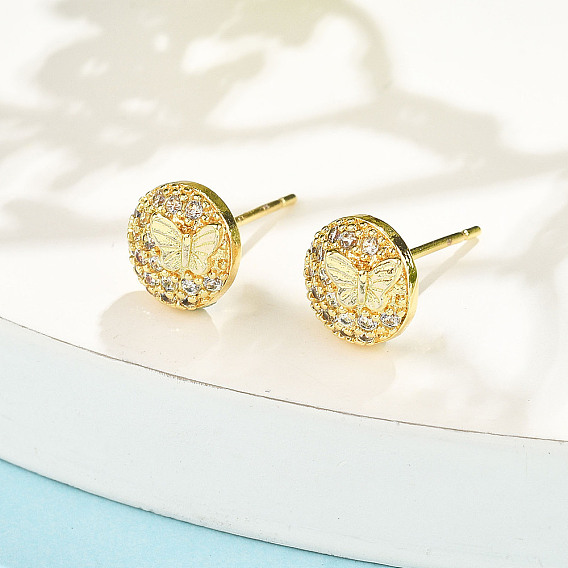 Плоские круглые серьги-гвоздики с бабочкой из латуни с микропаве из прозрачных кубических цирконий, стойки покрытие, долговечный, без свинца и без кадмия