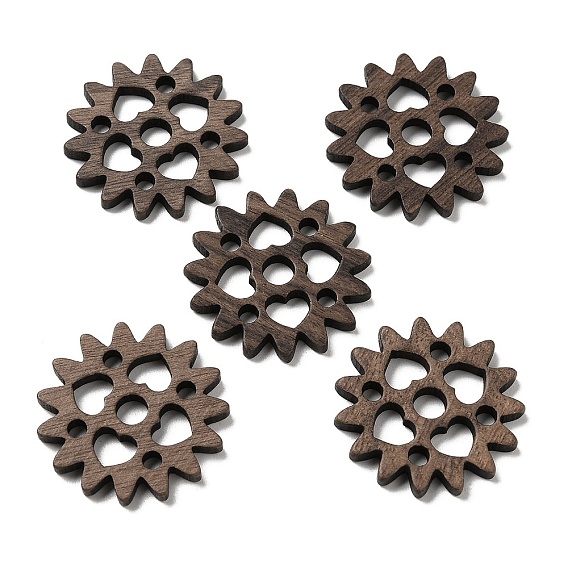 Walnut Wood Hollow Pendants, Gear Charms with Heart, Undyed