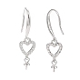 925 Sterling Silver Earring Hooks, with Clear Cubic Zirconia, Heart, for Half Drilled Beads