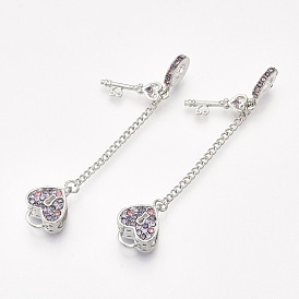 Perles européennes en alliage, avec chaînes de trottoir de sécurité en fer et strass, pour la fabrication de bracelets européens, coeur et clé, colorées