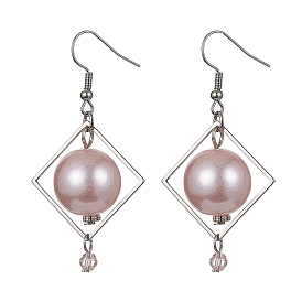 ABS Plastic Imitation Pearl Round Dangle Earrings, 304 Stainless Steel Rhombus Jewelry with Imitation Austrian Crystal 5301 Bicone Beads and Iron Earring Hooks