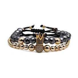 Black Onyx Crown Bracelet with Copper Micro-Inlaid Zirconia Stones and Adjustable 10mm Diamond Ball