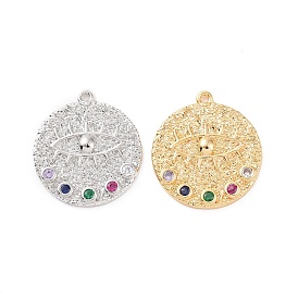 Brass Micro Pave Colorful Cubic Zirconia Pendants, Flat Round with Eye Charm