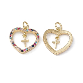 Brass Colorful Cubic Zirconia Pendants, Heart with Cross Charms