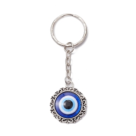Flat Round with Evil Eye Alloy & Resin Keychain, with Iron Split Key Rings