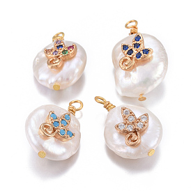 Natural Cultured Freshwater Pearl Pendants, with Brass Cubic Zirconia Findings, Nuggets with Leaf, Golden