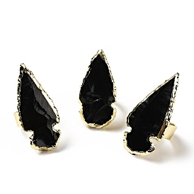 Natural Obsidian Arrow Chunky Adjustable Ring, Brass Jewelry for Women, Light Gold, Cadmium Free & Lead Free