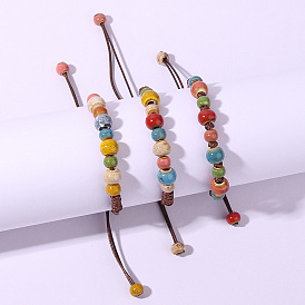 Handmade Ethnic Style Ceramic Bracelet with Adjustable Flower Glaze, Artistic Couple Hand String for Women