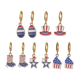 5 Pairs 5 Styles Independence Day Brass Huggie Hoop Earring Sets, Hat & Star Alloy Enamel Dangle Earrings for Women
