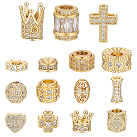 15 шт 15 стили латунные бусины из кубического циркония микропаве, разнообразные